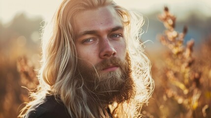 A portrait of a pensive person with long hair and a beard, standing in a sunlit field of dry grasses, evoking a nostalgic and thoughtful mood.