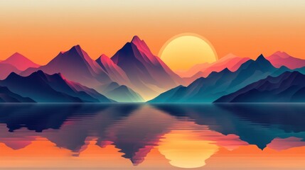 Wall Mural - Sunset over Mountains and Lake