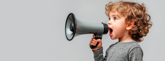 Poster - Child with curly hair shouting into a megaphone against a gray background.