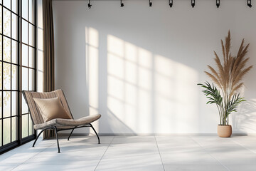 Minimalist living room interior with a chair, a plant, and large windows casting shadows on the wall.