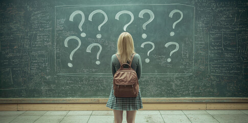 Fototapete - Student in School Uniform Looking at Blackboard Filled with Question Marks and Chalk Writings.
