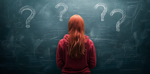 Fototapete - Woman facing a blackboard with question marks drawn in chalk, symbolizing uncertainty and curiosity.