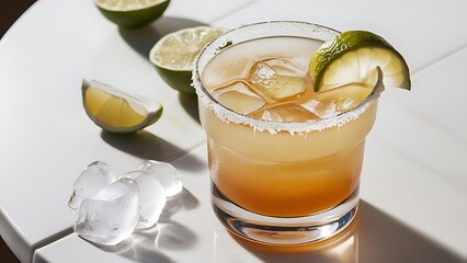 Close up view of refreshing margarita cocktails with lime on tabletop on white