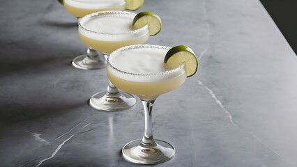 Top view of cold alcohol margarita cocktails with pieces of lime on grey tabletop