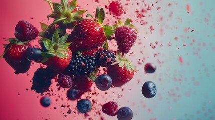 Wall Mural - A burst of fresh, colorful berries, including strawberries, blackberries, raspberries, and blueberries, suspended in mid-air against a gradient pink and blue background.