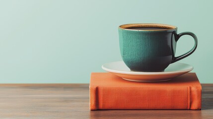 Wall Mural - A green coffee cup sits on top of a stack of books