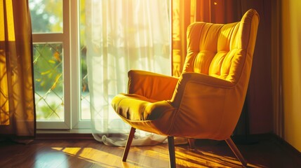 Wall Mural - A sunlit room hosts a plush yellow armchair, creating a vibrant and inviting reading space filled with warm, golden light.