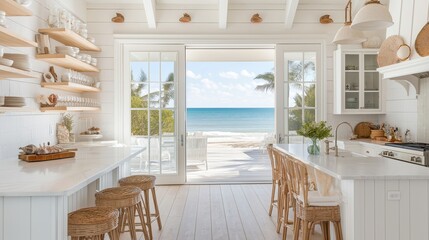 Wall Mural - A bright and airy coastal kitchen with white cabinets