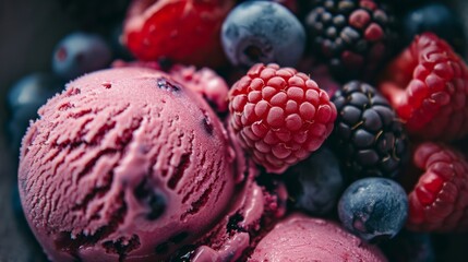 Canvas Print - Close-up of vibrant, fresh pink ice cream scoops mingled with an assortment of ripe berries, evoking a sense of freshness and indulgence.