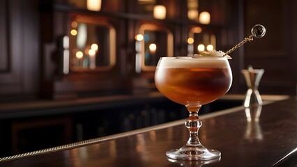 An alcoholic brown cocktail is in beautiful glass, on the bar