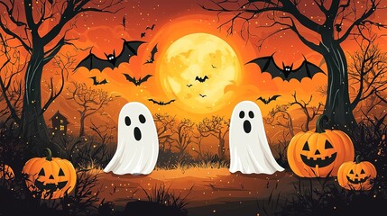 An eerie night scene showcasing two amusing ghosts, flying bats, and carved pumpkins, all illuminated by a radiant full moon against a twilight backdrop.