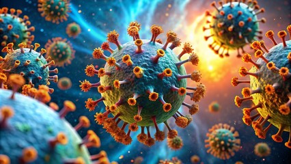 Microscopic View of a Coronavirus, Digital 3D Rendering, Close-up of a Virus, Blue and Orange Hues, Microscopic World, Virus, Microbiology