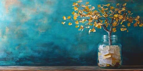 Wall Mural - gratitude jar with notes of appreciation, tree with leaves expressing thankfulness, board with messa
