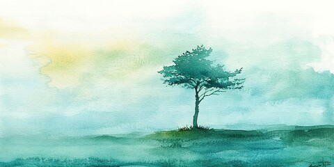 Wall Mural - a watercolor painting of a single tree against a soft blue and green background