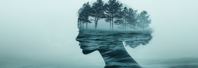 Wall Mural - The face of the woman is composed of water and sea, with an island containing trees inside her head