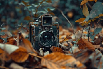 Old, rusty camera is lying forgotten on the forest floor, surrounded by fall leaves