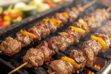 Close-up of Skewered Meat and Peppers Grilling Over Hot Coals