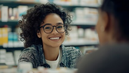 Friendly woman at the pharmacy helps a happy customer with medicine.