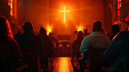 Wall Mural - A church with a large cross in the center and a group of people sitting in pews