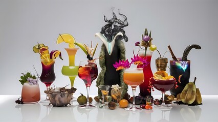 Wide assortment of freakish cocktails on a white background