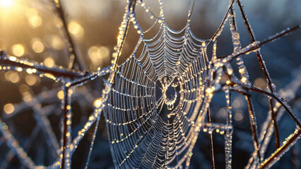 A spider web glistening with dew drops in the early morning light, creating a delicate, intricate pattern.
