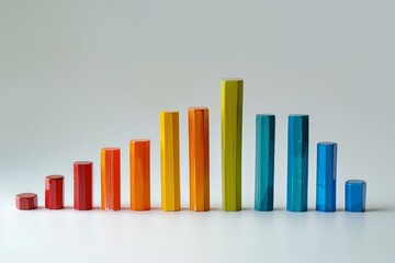 Poster - colorful wooden toy blocks are forming an upward trend chart on a white background
