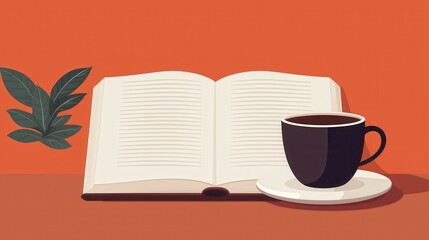 Wall Mural - A book is open on a table with a cup of coffee next to it