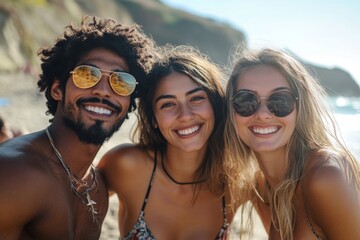 Multiracial friends hanging out at the beach, Generative AI