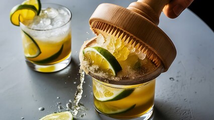 Close up view of wooden squeezer, refreshing sour caipirinha cocktails with lime and ice on grey tabletop