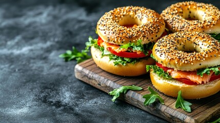 Fresh salmon bagel sandwich on a wooden board