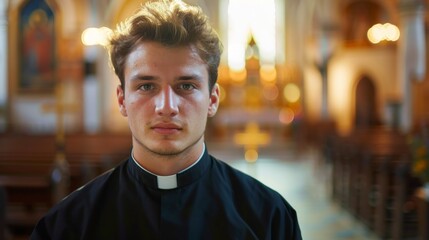 Poster - A young man in a black robe stands in a church