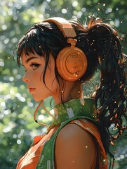 A young woman with long black hair, wearing a bright orange tank top, listens to music through headphones in a green forest.