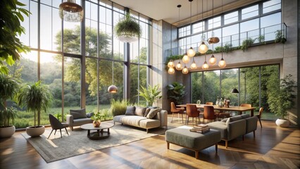 Wall Mural - Luminous Morning Light Cascading Through Floor-to-Ceiling Windows onto a Neutral-Toned Open-Plan Living Space with Statement Light Fixtures and Greenery Accents