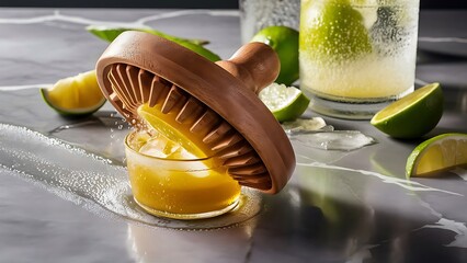 Close up view of wooden squeezer, refreshing sour caipirinha cocktails with lime and ice on grey tabletop