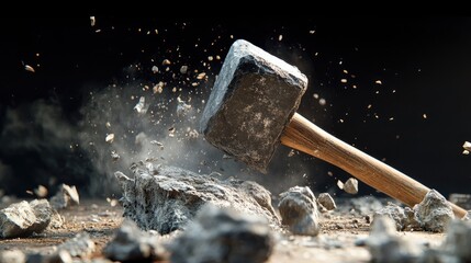 A heavy sledgehammer smashes into a pile of rocks, sending shards and dust flying.