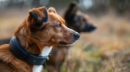 Wall Mural - Two dogs are standing in a field, one of which is wearing a collar