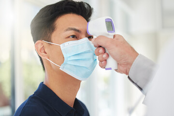 Poster - Doctor, man and face mask with thermometer, health and vaccine for growth or development in clinic. Male person, physician and temperature at hospital for symptoms, checkup and disease prevention