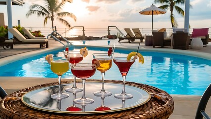 Cocktail glasses with alcohol cocktails on table near swimming pool