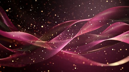 Sticker - Glittering Elegance: 3D Swirling Ribbons and Golden Sparkles on Burgundy Background