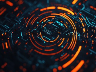 Abstract digital circuit design featuring glowing orange and blue lights, creating a futuristic and tech-inspired atmosphere.