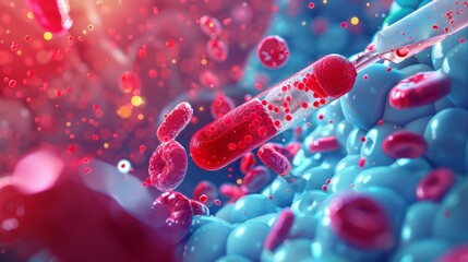 Poster - A pill is being injected into a person's body, surrounded by red blood cells