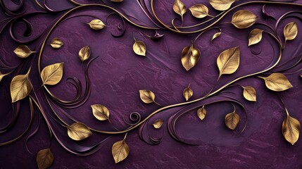 Sticker - Enchanting 3D Vines with Golden Leaves on Deep Purple Background