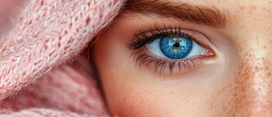 Wall Mural -  A tight shot of a woman's blue eye Her hair, speckled with freckles, frames her face A pink blanket covers her head