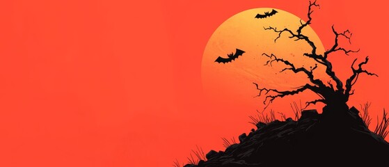 Canvas Print -  A tree silhouette holds bats against an intense orange sky, with the sun depicted behind