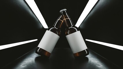 Low angle view of two glass bottles with beer and labels on dark background with back light