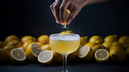 Cropped hand squeezing lemon juice to a glass of see-through foamy yellow cocktail. Lots of lemons. Moody still life. Refreshing drink.