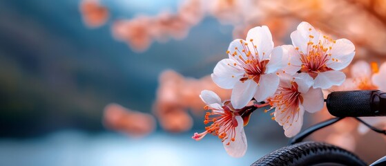 Poster -  A flower-adorned handlebar in focus, against a backdrop of a tranquil river