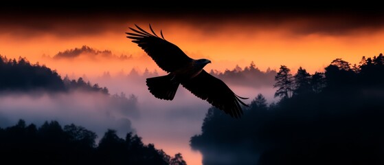 Wall Mural -  A large bird soars above a forest of trees at sunset, backdrop painted red and orange