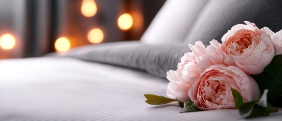 Wall Mural -  A bouquet of flowers atop a bed, nearby a wall with background lights