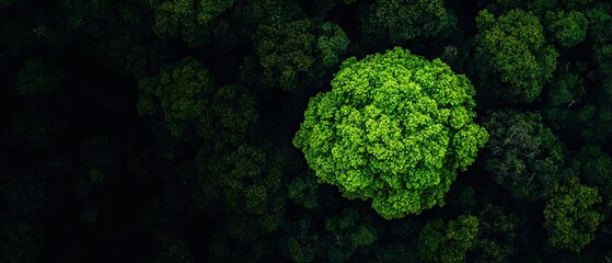 Wall Mural -  A bird's-eye perspective of a solitary green tree amidst a dense forest, teeming with trees in the foreground